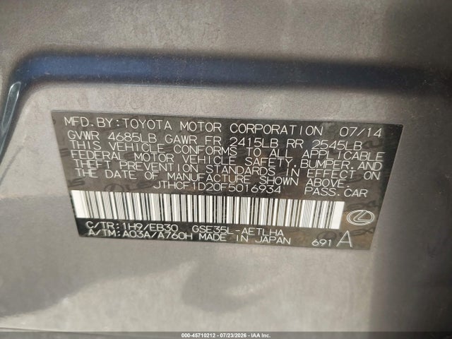 Aukcja sprzedaży 2015 Lexus Is 250, vin: JTHCF1D20F5016934, numer aukcji: 45710212