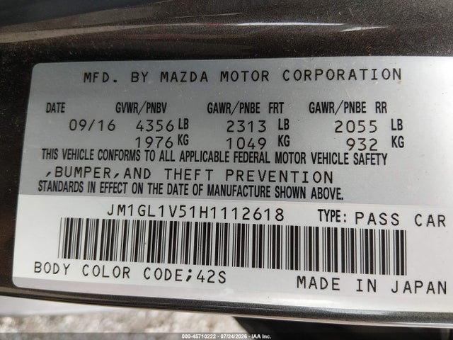 Aukcja sprzedaży 2017 Mazda Mazda6 Touring, vin: JM1GL1V51H1112618, numer aukcji: 45710222