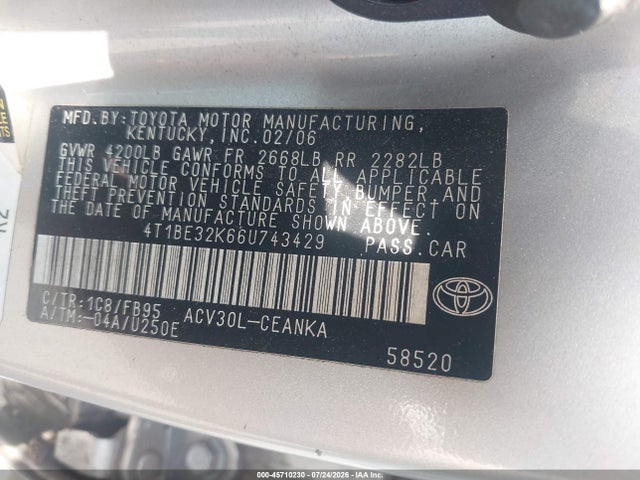 Продажа на аукционе авто 2006 Toyota Camry Le, vin: 4T1BE32K66U743429, номер лота: 45710230