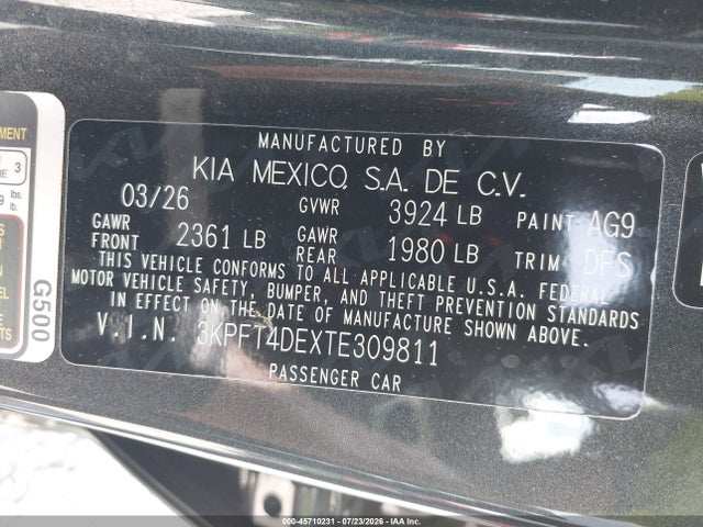 2026 Kia K4 Lxs მანქანა იყიდება აუქციონზე, vin: 3KPFT4DEXTE309811, აუქციონის ნომერი: 45710231
