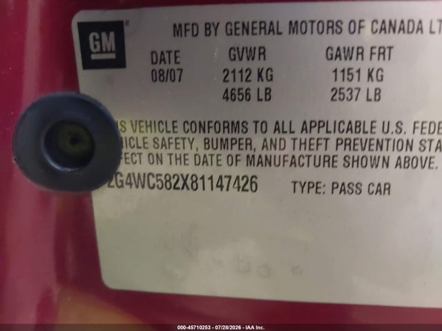 2008 Buick Lacrosse Cx მანქანა იყიდება აუქციონზე, vin: 2G4WC582X81147426, აუქციონის ნომერი: 45710253