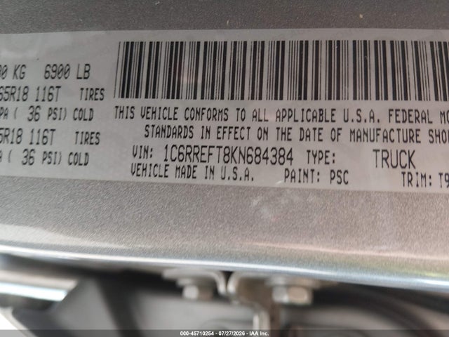 45710254 :رقم المزاد ، 1C6RREFT8KN684384 vin ، 2019 Ram 1500 Big Horn/lone Star  4x2 5'7 Box مزاد بيع