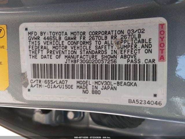 Aukcja sprzedaży 2002 Lexus Es 300, vin: JTHBF30G020057256, numer aukcji: 45710255