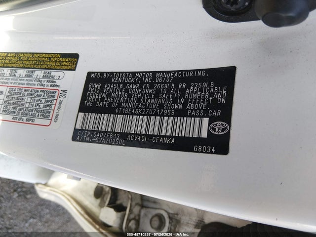 Продаж на аукціоні авто 2007 Toyota Camry Le, vin: 4T1BE46K27U717959, номер лоту: 45710257