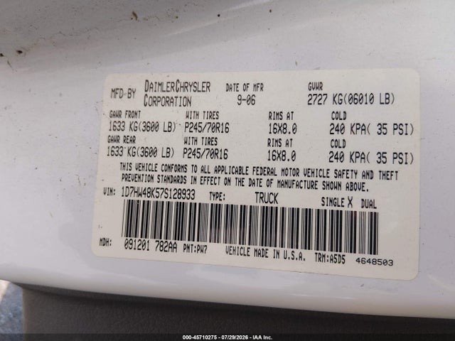 45710275 :رقم المزاد ، 1D7HW48K57S128933 vin ، 2007 Dodge Dakota Slt مزاد بيع