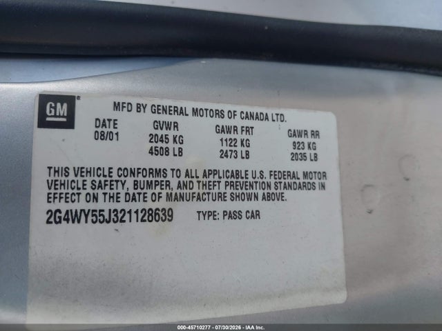 2002 Buick Century Limited მანქანა იყიდება აუქციონზე, vin: 2G4WY55J321128639, აუქციონის ნომერი: 45710277