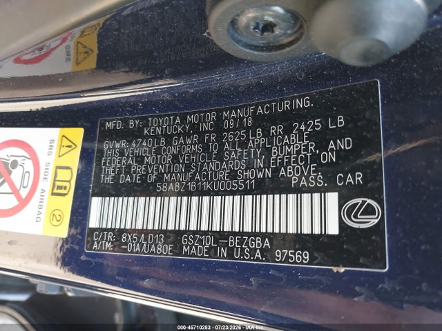 45710283 :رقم المزاد ، 58ABZ1B11KU005511 vin ، 2019 Lexus Es 350 مزاد بيع