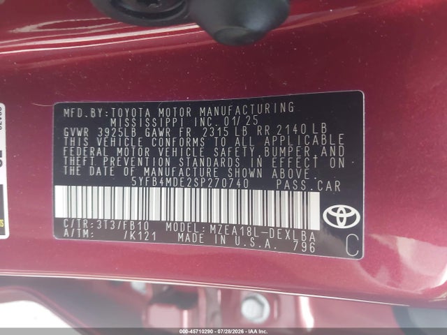 Aukcja sprzedaży 2025 Toyota Corolla Le, vin: 5YFB4MDE2SP270740, numer aukcji: 45710290