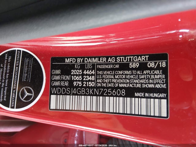 Auction sale of the 2019 Mercedes-benz Cla 250 4matic, vin: WDDSJ4GB3KN725608, lot number: 45710317