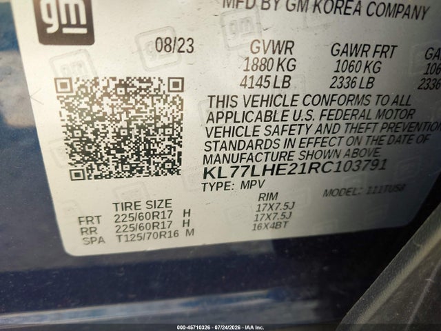 Aukcja sprzedaży 2024 Chevrolet Trax Fwd Lt, vin: KL77LHE21RC103791, numer aukcji: 45710326