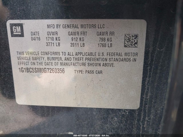 45710345 :رقم المزاد ، 1G1BC5SM0G7260356 vin ، 2016 Chevrolet Cruze Ls Auto مزاد بيع