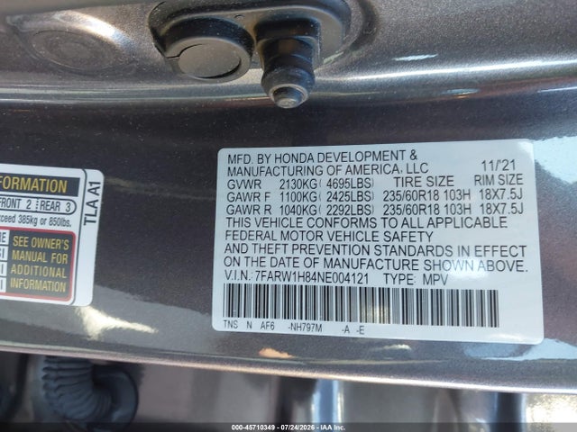 7FARW1H84NE004121 Honda Cr-v 2wd Ex-l