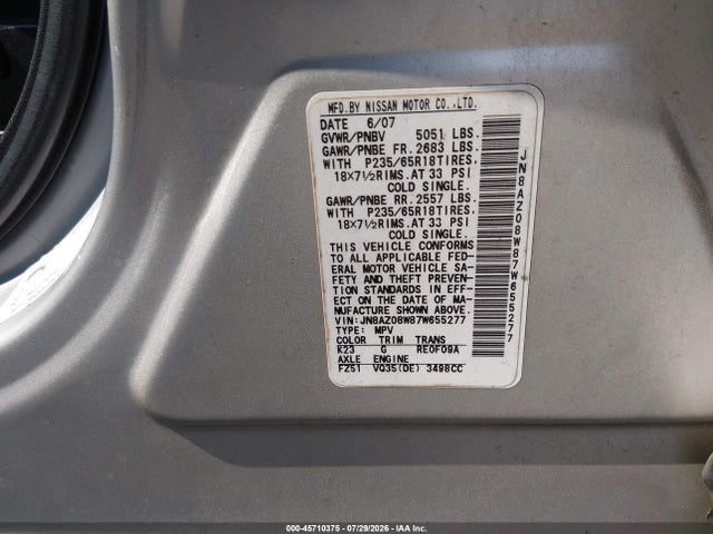Продаж на аукціоні авто 2007 Nissan Murano Sl, vin: JN8AZ08W87W655277, номер лоту: 45710375