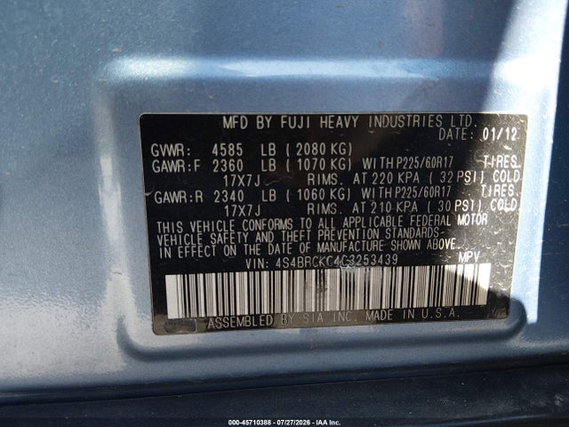 Продаж на аукціоні авто 2012 Subaru Outback 2.5i Limited, vin: 4S4BRCKC4C3253439, номер лоту: 45710388