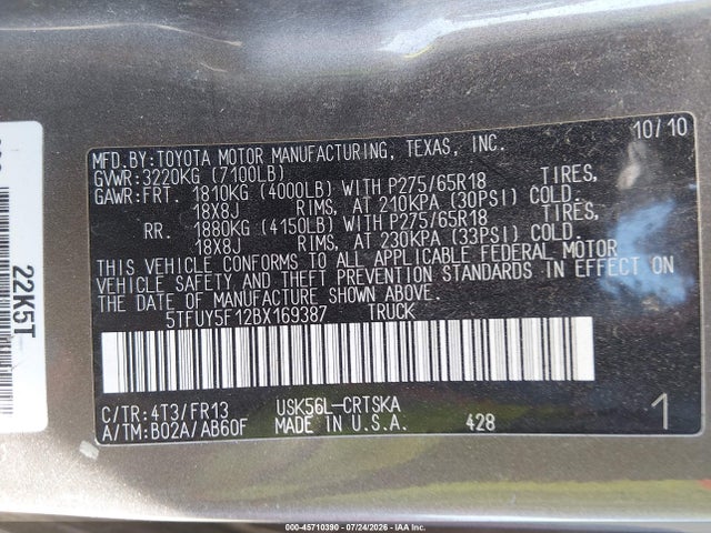 Aukcja sprzedaży 2011 Toyota Tundra Grade 5.7l V8, vin: 5TFUY5F12BX169387, numer aukcji: 45710390