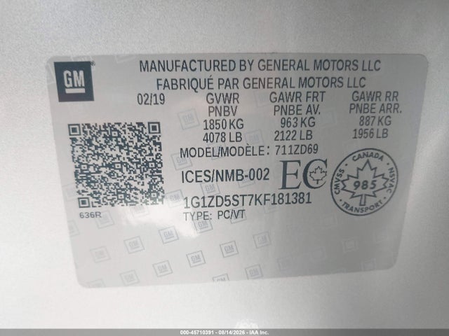 2019 Chevrolet Malibu Lt მანქანა იყიდება აუქციონზე, vin: 1G1ZD5ST7KF181381, აუქციონის ნომერი: 45710391