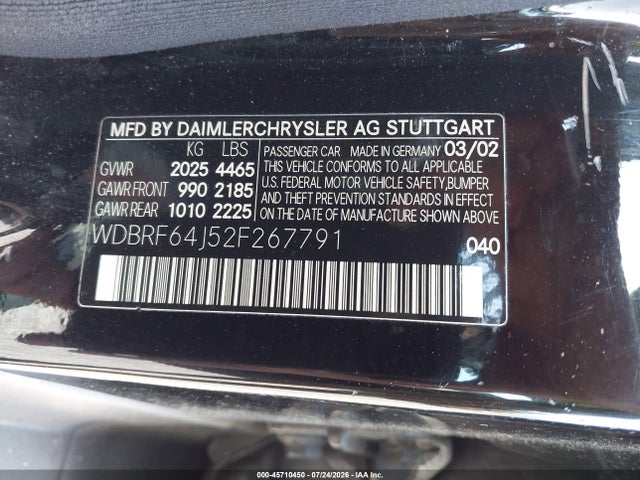 Продажа на аукционе авто 2002 Mercedes-benz C 320, vin: WDBRF64J52F267791, номер лота: 45710450