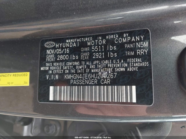 45710456 :رقم المزاد ، KMHGN4JE6HU200267 vin ، 2017 Genesis G80 3.8 مزاد بيع