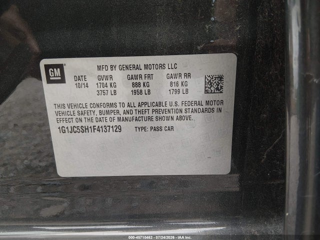 45710462 :رقم المزاد ، 1G1JC5SH1F4137129 vin ، 2015 Chevrolet Sonic Lt Auto مزاد بيع