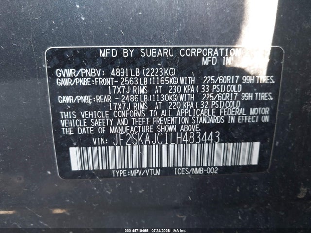 2020 Subaru Forester Premium მანქანა იყიდება აუქციონზე, vin: JF2SKAJC1LH483443, აუქციონის ნომერი: 45710465