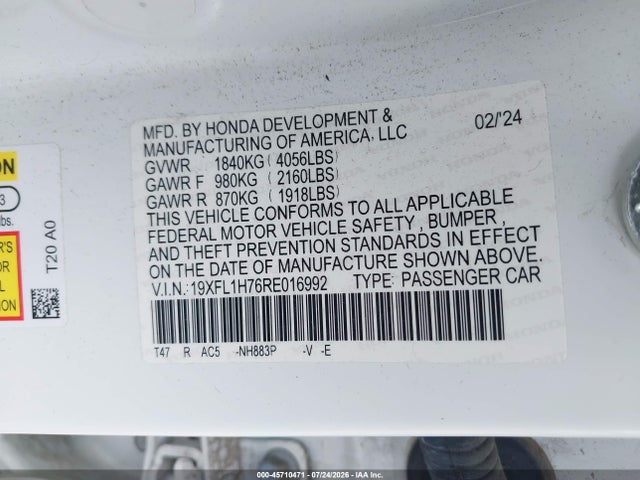Продаж на аукціоні авто 2024 Honda Civic Ex-l, vin: 19XFL1H76RE016992, номер лоту: 45710471