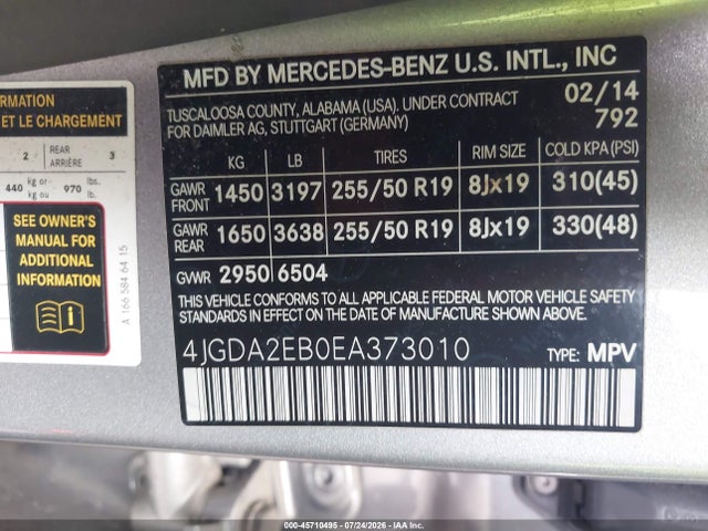 Продаж на аукціоні авто 2014 Mercedes-benz Ml 350 Bluetec 4matic, vin: 4JGDA2EB0EA373010, номер лоту: 45710495