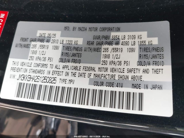 2025 Mazda Cx-90 Phev Preferred Package მანქანა იყიდება აუქციონზე, vin: JM3KKBHA2S1250825, აუქციონის ნომერი: 45710502