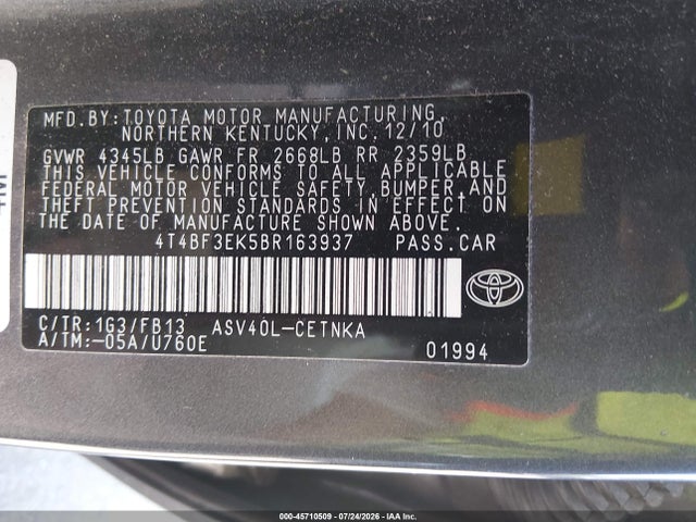 Aukcja sprzedaży 2011 Toyota Camry Le, vin: 4T4BF3EK5BR163937, numer aukcji: 45710509