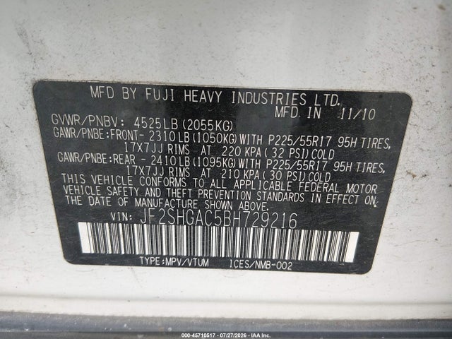 45710517 :رقم المزاد ، JF2SHGAC5BH729216 vin ، 2011 Subaru Forester 2.5xt Premium مزاد بيع