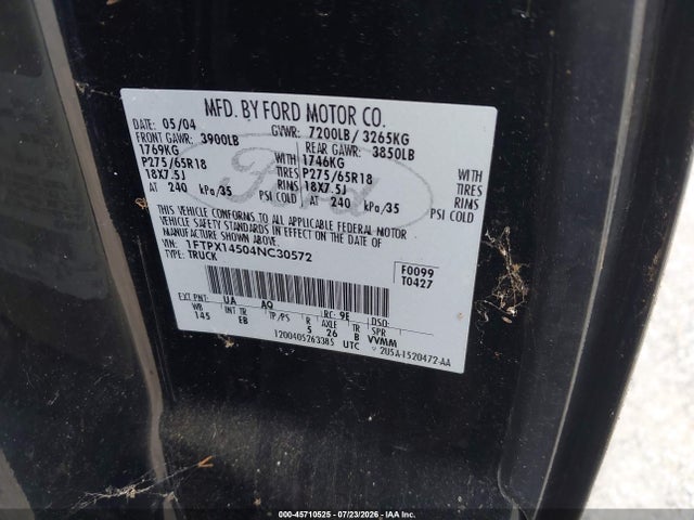 2004 Ford F-150 Fx4/lariat/xl/xlt მანქანა იყიდება აუქციონზე, vin: 1FTPX14504NC30572, აუქციონის ნომერი: 45710525