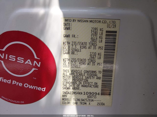 Aukcja sprzedaży 2019 Nissan Murano Platinum, vin: 5N1AZ2MS4KN109094, numer aukcji: 45710530