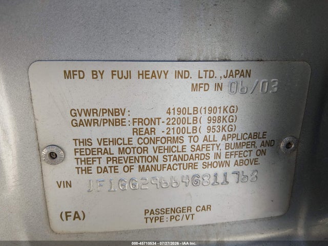 Aukcja sprzedaży 2004 Subaru Impreza Wrx, vin: JF1GG29664G811768, numer aukcji: 45710534