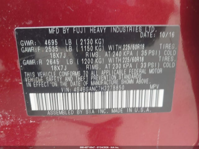 Subaru Outback 2.5i Limited 2017 4S4BSANC7H3278850 Image 9