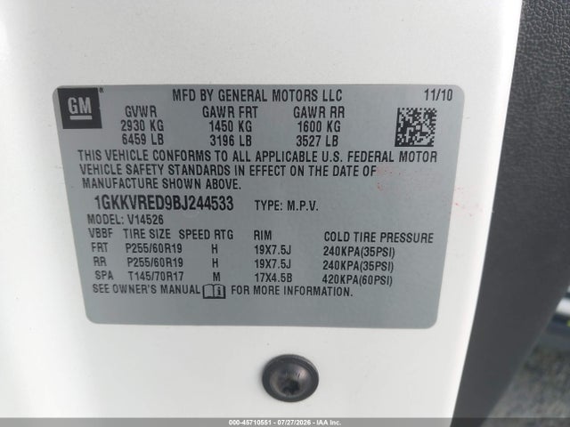 45710551 :رقم المزاد ، 1GKKVRED9BJ244533 vin ، 2011 Gmc Acadia Slt-1 مزاد بيع