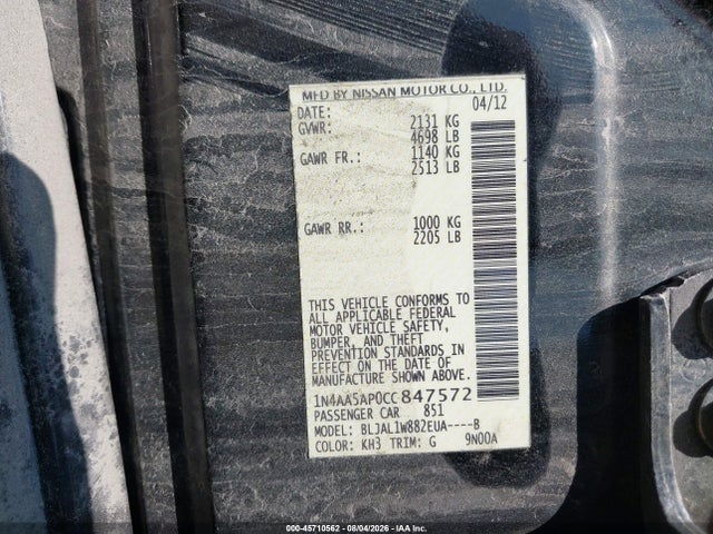 Продажа на аукционе авто 2012 Nissan Maxima 3.5 Sv, vin: 1N4AA5AP0CC847572, номер лота: 45710562