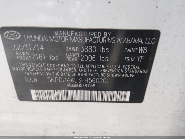 Aukcja sprzedaży 2015 Hyundai Elantra Se, vin: 5NPDH4AE3FH560201, numer aukcji: 45710574