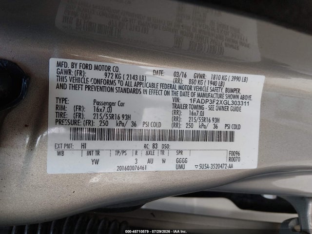 2016 Ford Focus Se მანქანა იყიდება აუქციონზე, vin: 1FADP3F2XGL303311, აუქციონის ნომერი: 45710579