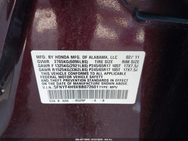 2011 Honda Pilot Touring მანქანა იყიდება აუქციონზე, vin: 5FNYF4H9XBB072601, აუქციონის ნომერი: 45710580