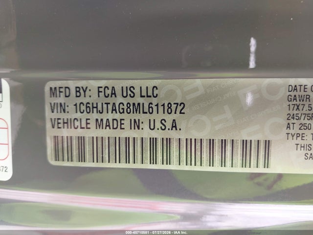 45710581 :رقم المزاد ، 1C6HJTAG8ML611872 vin ، 2021 Jeep Gladiator Sport S 4x4 مزاد بيع