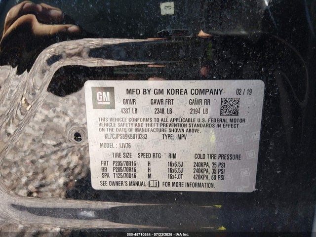 2019 Chevrolet Trax Lt მანქანა იყიდება აუქციონზე, vin: KL7CJPSB9KB870383, აუქციონის ნომერი: 45710584