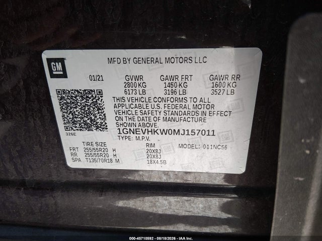 1GNEVHKW0MJ157011 Chevrolet Traverse Awd Lt Leather