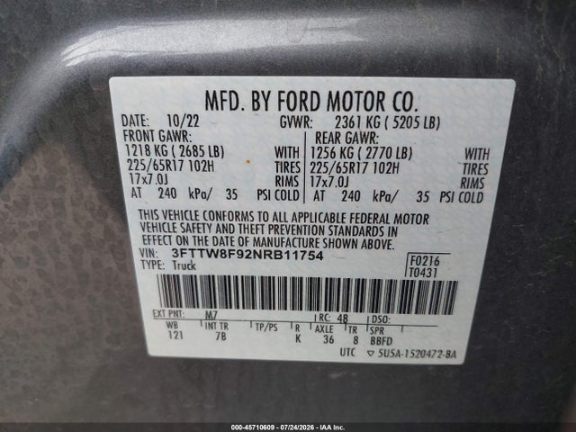 Продаж на аукціоні авто 2022 Ford Maverick Xlt, vin: 3FTTW8F92NRB11754, номер лоту: 45710609