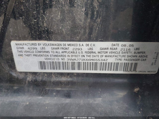 Продажа на аукционе авто 2006 Volkswagen Jetta 2.0t, vin: 3VWAJ71K66M655342, номер лота: 45710622