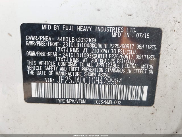 45710624 :رقم المزاد ، JF2SJADC1GH429984 vin ، 2016 Subaru Forester 2.5i Premium مزاد بيع