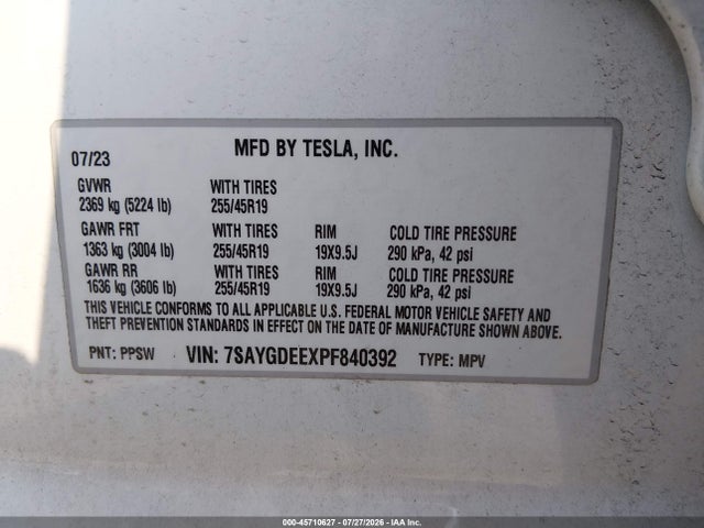 Продаж на аукціоні авто 2023 Tesla Model Y Awd/long Range Dual Motor All-wheel Drive, vin: 7SAYGDEEXPF840392, номер лоту: 45710627