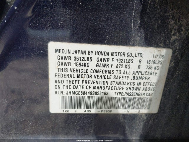 Aukcja sprzedaży 2009 Honda Fit Sport, vin: JHMGE88449S028163, numer aukcji: 45710645