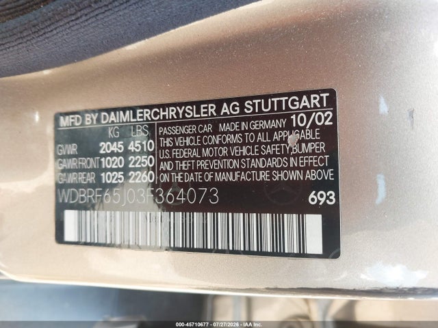 2003 Mercedes-benz C 32 Amg მანქანა იყიდება აუქციონზე, vin: WDBRF65J03F364073, აუქციონის ნომერი: 45710677