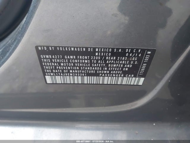 Aukcja sprzedaży 2014 Volkswagen Jetta 1.8t Sel, vin: 3VWL17AJ9EM293361, numer aukcji: 45710681