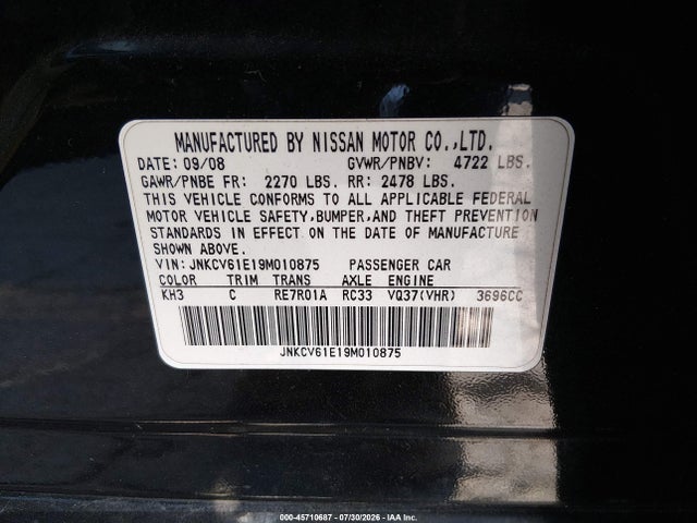 Продаж на аукціоні авто 2009 Infiniti G37 Journey, vin: JNKCV61E19M010875, номер лоту: 45710687