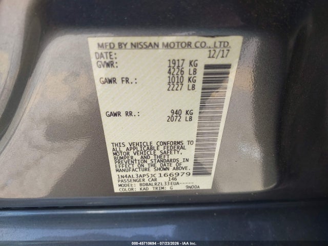 Продажа на аукционе авто 2018 Nissan Altima 2.5 Sl, vin: 1N4AL3AP5JC166979, номер лота: 45710694